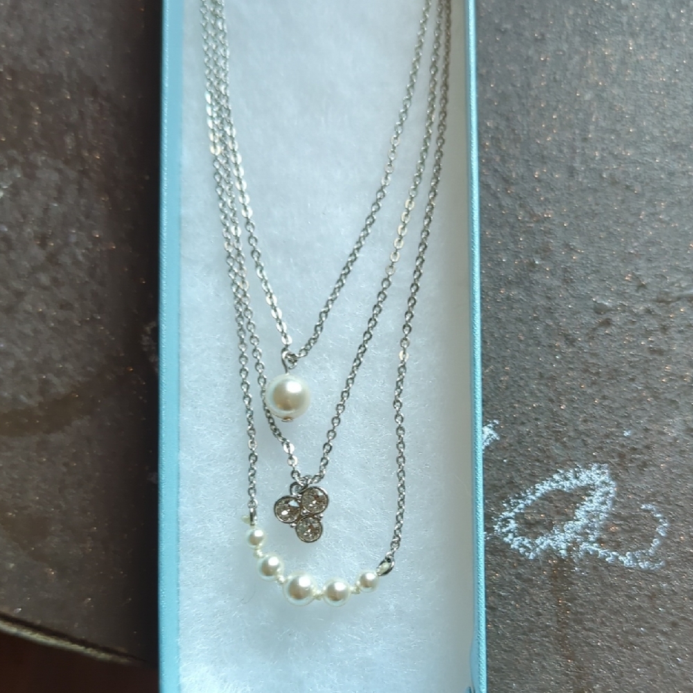 Touchstone Crystal Silver Pearl Necklace with Sparkling Charm